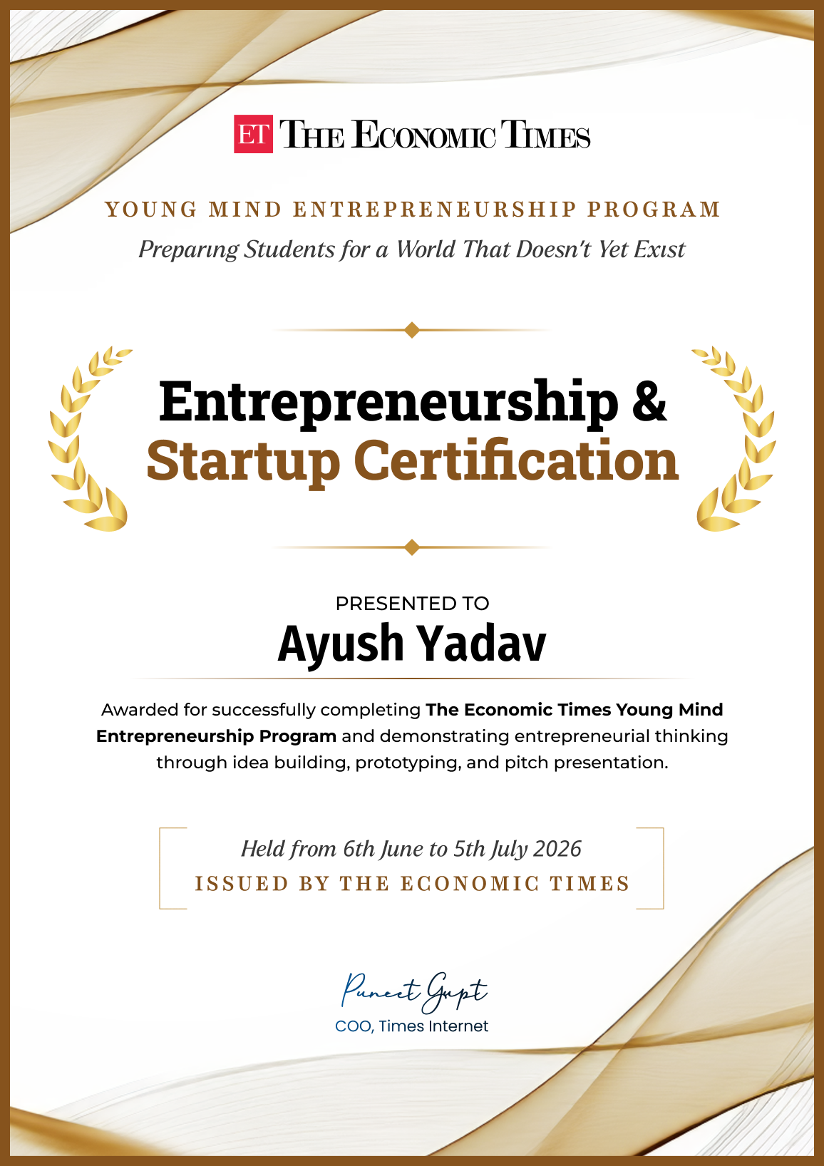 The Economic Times Young Mind Entrepreneurship Program certificate awarded to Ayush Yadav